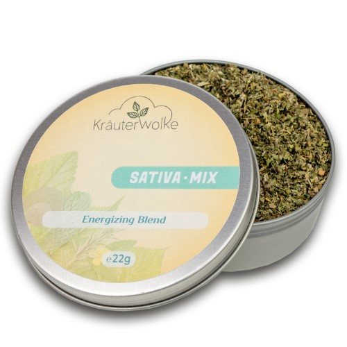 Geöffnete Dose Kräuterwolke Sativa Mix – Energizing Blend, 22 g